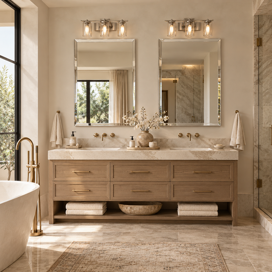 a beveled wall mirror above each sink in this new bathroom
