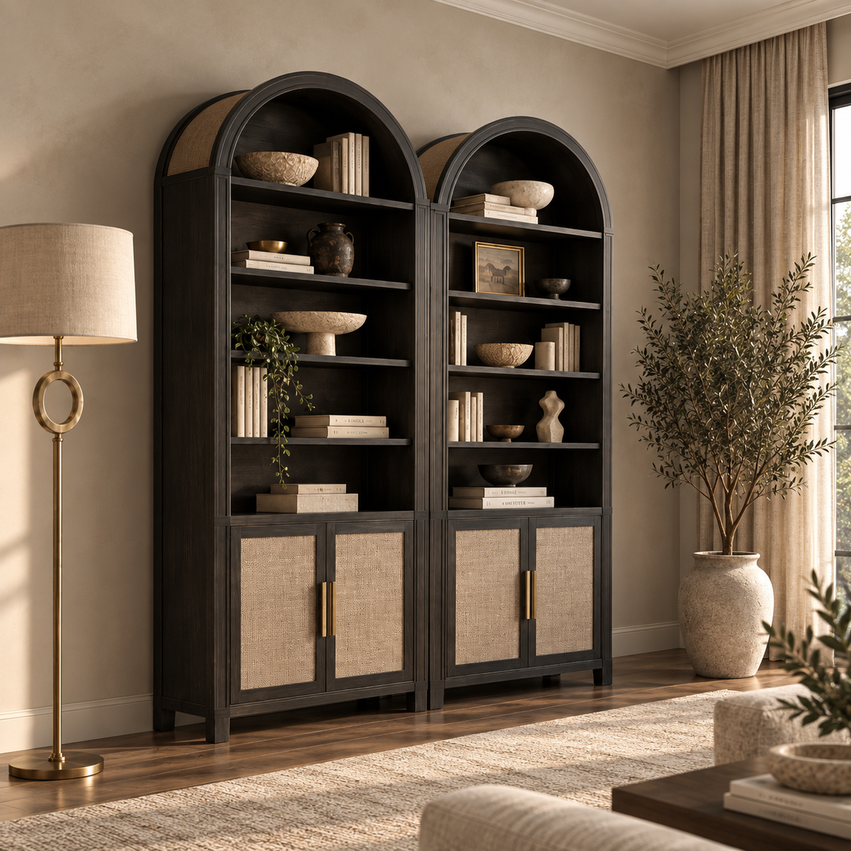 black bookcase in room 2 of them put together to make it look like one large one