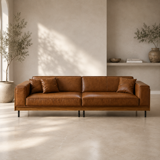 2 pc sofa upholstered in warm cognac brown leather, positioned in a minimalist room with beige walls and concrete floors. The sofa features black metal legs and is styled with two matching brown leather throw pillows.