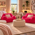 Load image into Gallery viewer, pink puff floor chairs in a beautifully styled living room with beige walls, built-in shelves, a fireplace, and a light-colored rug.
