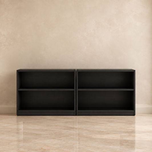 2 shelf black bookcase in a studio