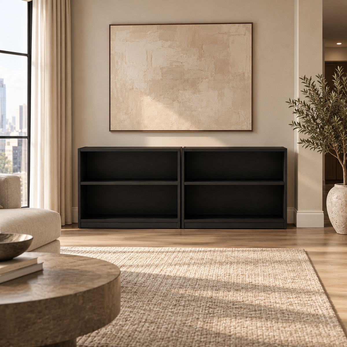 2 shelf black bookcase under artwork
