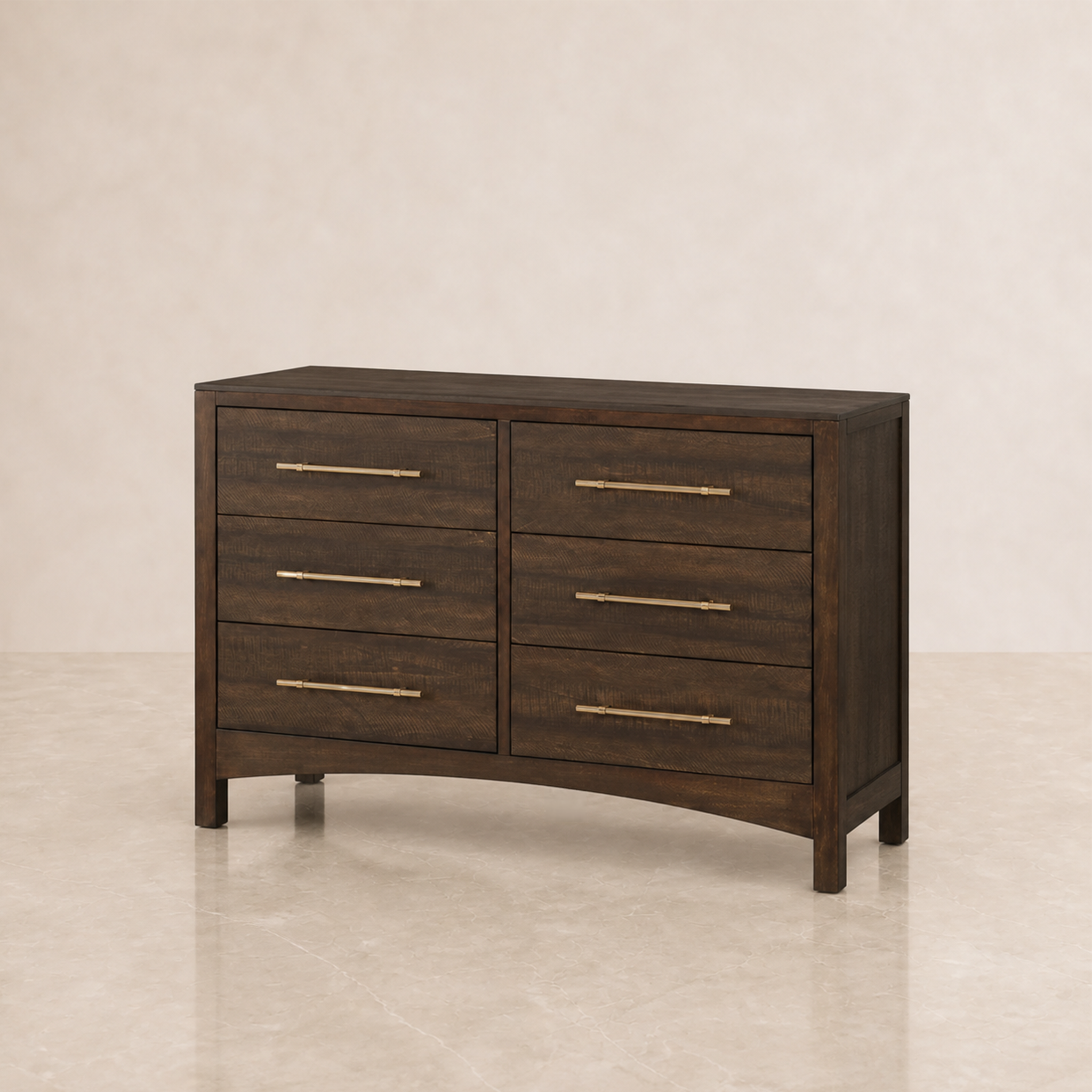 A dark brown wooden dresser with six drawers and brass bar handles, set against a neutral beige background.