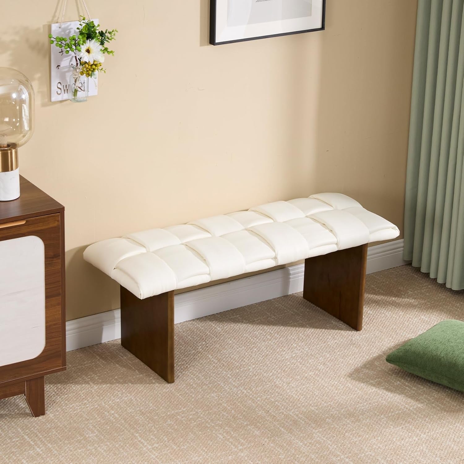 Woven Upholstered Faux Leather Dining Bench
