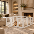Load image into Gallery viewer, Acrylic dog playpen with white frame and clear panels featuring a Cavadoodle puppy in a luxury living room with a stone fireplace.
