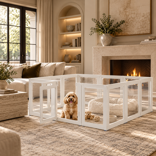 Acrylic dog playpen with white frame and clear panels featuring a Cavadoodle puppy in a luxury living room with a stone fireplace.