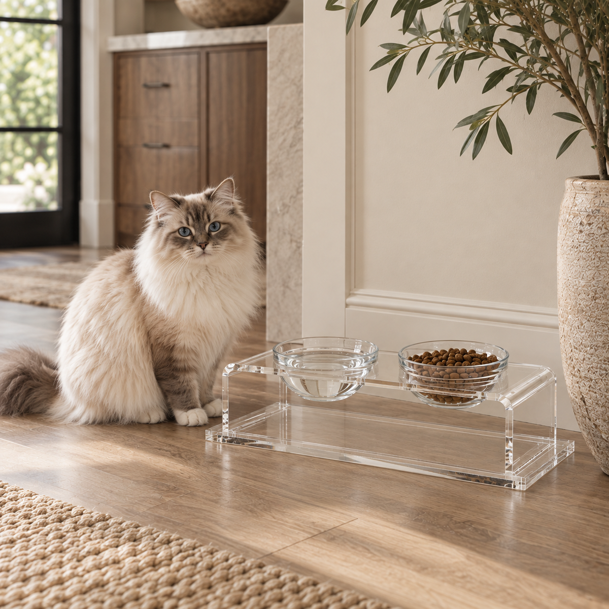 A fluffy cream and gray cat sits beside a clear acrylic elevated pet feeder and water bowl set on a wood floor in a bright indoor room.