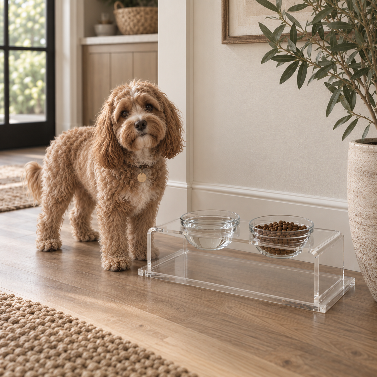 A small fluffy tan dog stands beside a clear acrylic elevated pet feeder and water bowl set on a wood floor in a bright home interior.