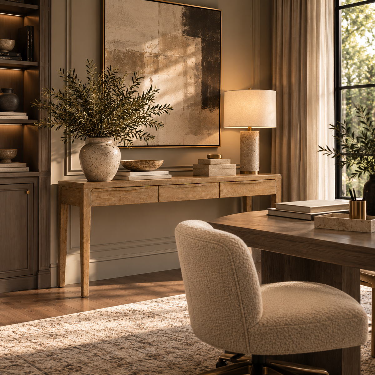A warm, modern home office interior featuring a light wood console table with a ceramic vase of greenery, a matching table lamp, a textured beige armchair, and a large abstract painting on the wall.