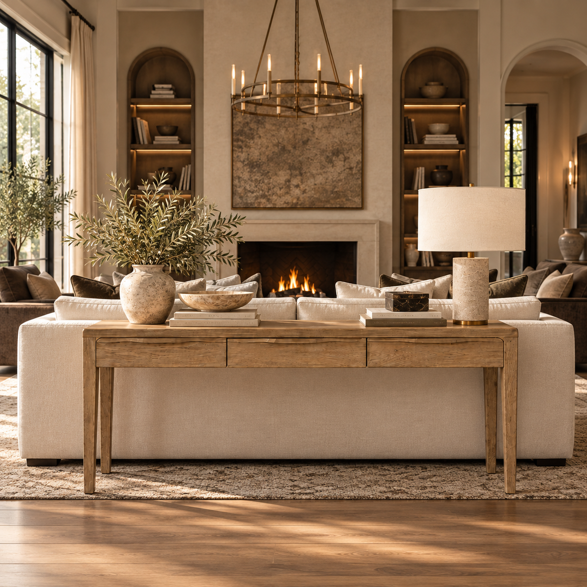A styled living room scene featuring a light beige sectional sofa, a matching wood console table, a white table lamp, and a textured ceramic vase with greenery, arranged in front of a fireplace with built-in shelving.