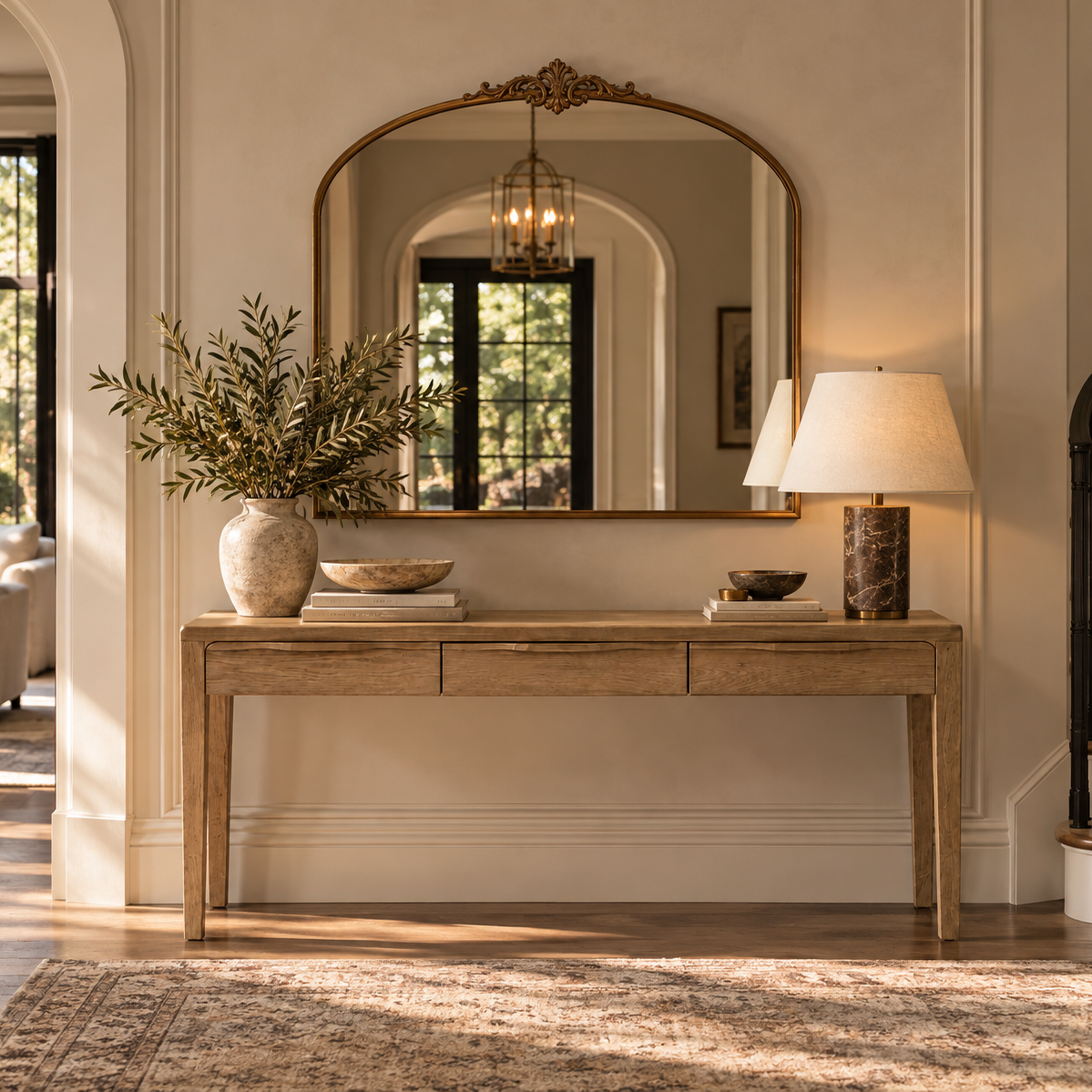 A light natural wood console table in a warm, styled entryway. Above it hangs a large arched mirror with an ornate gold frame.