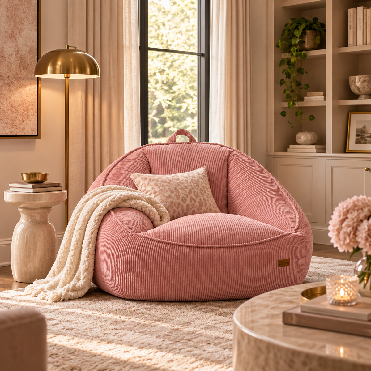 A round pink corduroy chair with a matching throw pillow and a cream knit blanket, styled in a warm, sunlit living room with a window, bookshelves, and a brass floor lamp.