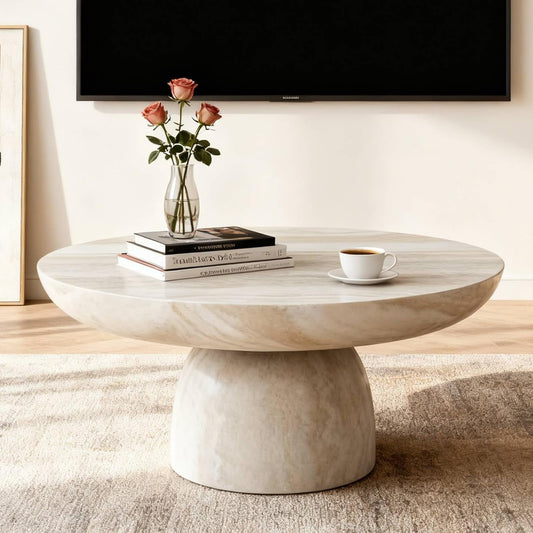 Cora Coffee Table across from a tv and it has a cup of coffee and books sitting on it