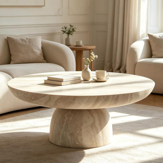 Cora Coffee Table is in a living room with decor on top of it and it is across from a a sofa