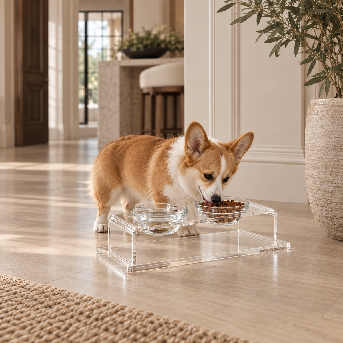 A corgi dog eats from a clear acrylic elevated double bowl set with glass bowls on a light wood floor in a bright, modern home interior.