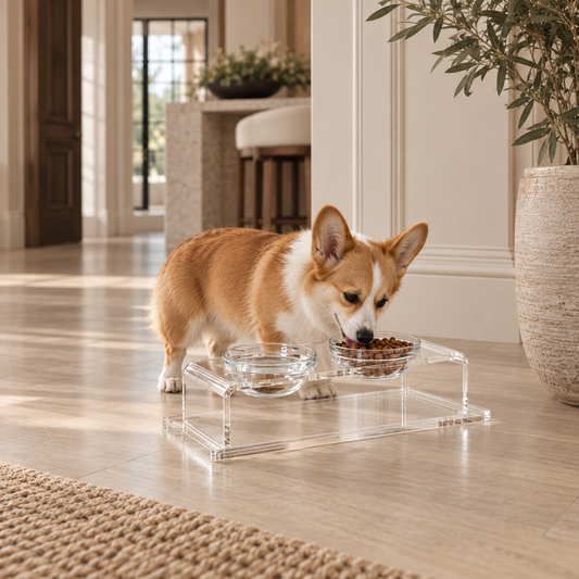 A corgi dog eats from a clear acrylic elevated double bowl set with glass bowls on a light wood floor in a bright, modern home interior.