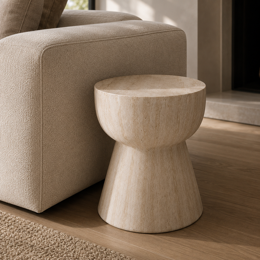 ELLA ACCENT TABLE IN LIVING ROOM ON HARDWOOD FLOOR BESIDE SOFA