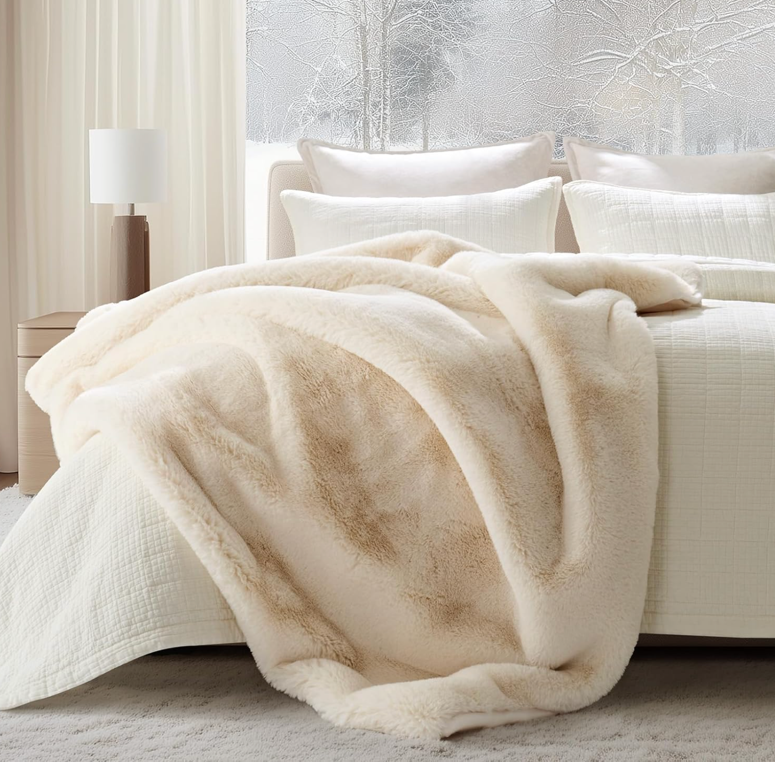 Faux Chinchilla Throw White on a bed in a bedroom