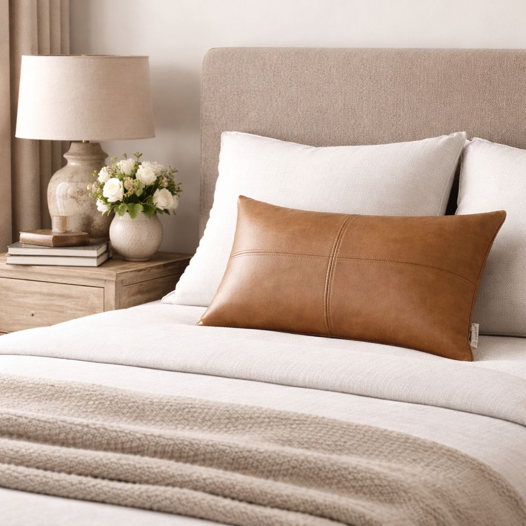 Faux Leather Pillow on a bed in a bedroom near a nightstand with a lamp and a vase with flowers