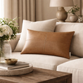Load image into Gallery viewer, Faux Leather Pillow in living room on sofa in front of another pillow
