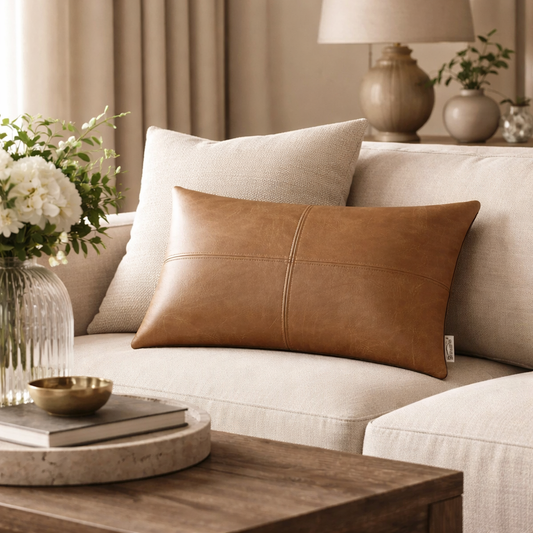 Faux Leather Pillow in living room on sofa in front of another pillow