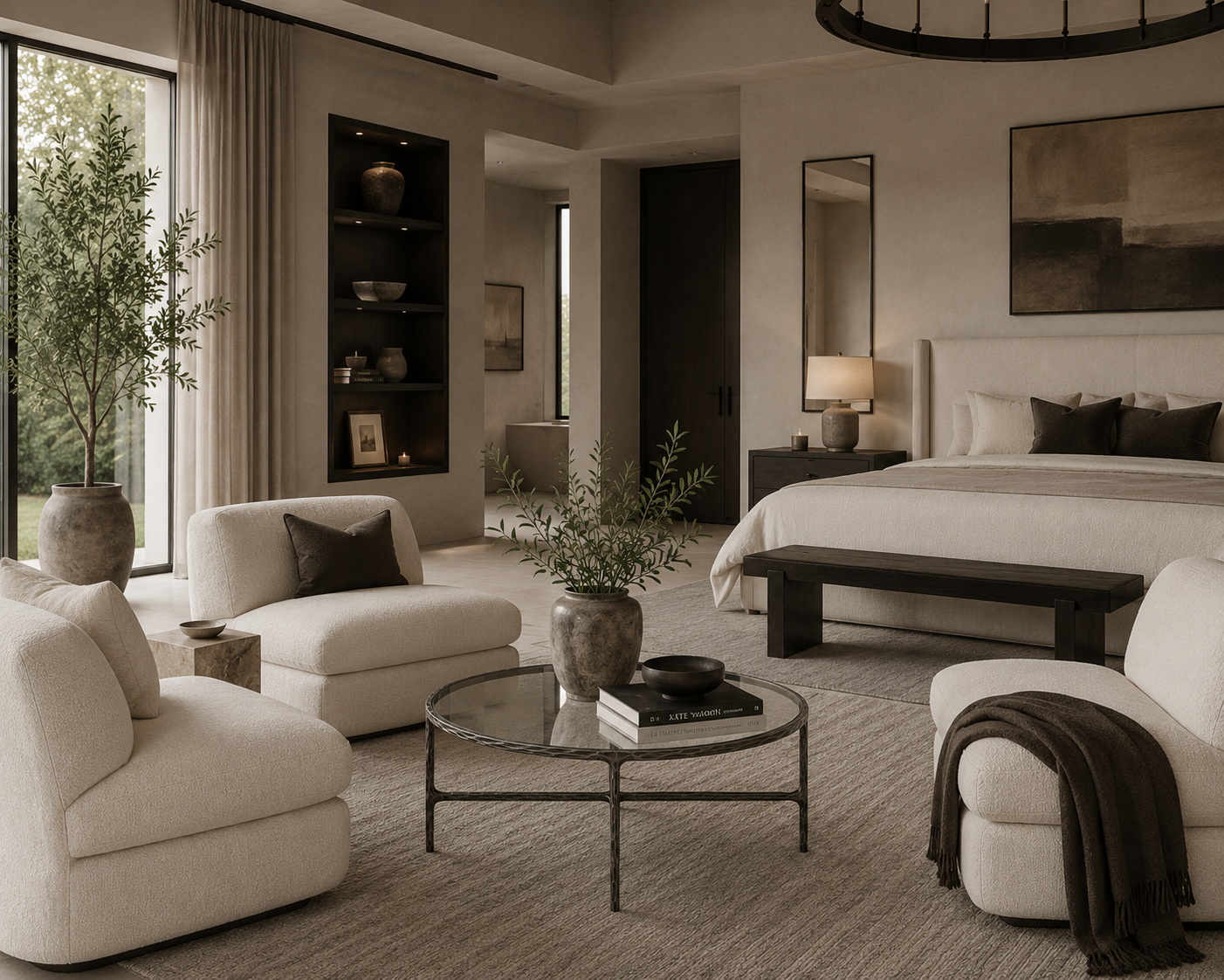 Francesco Coffee Table is in a bedroom across from accent chairs and it has a vase and books on it