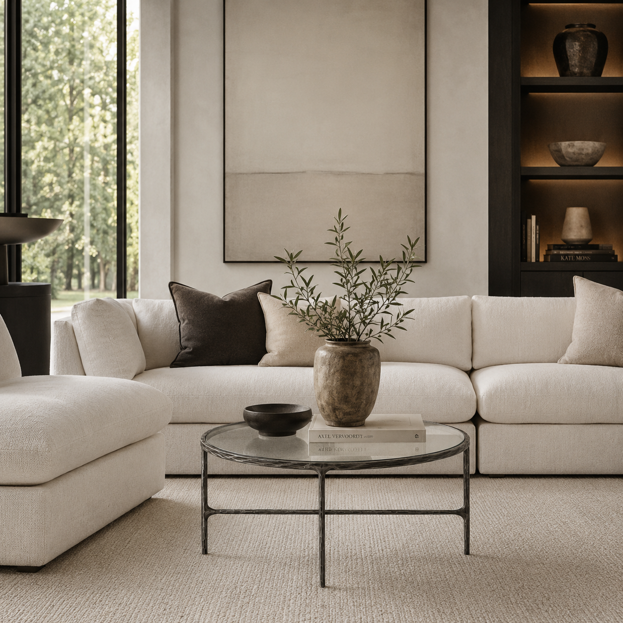 Francesco Coffee Table is across from the sofa with a vase on it and a book