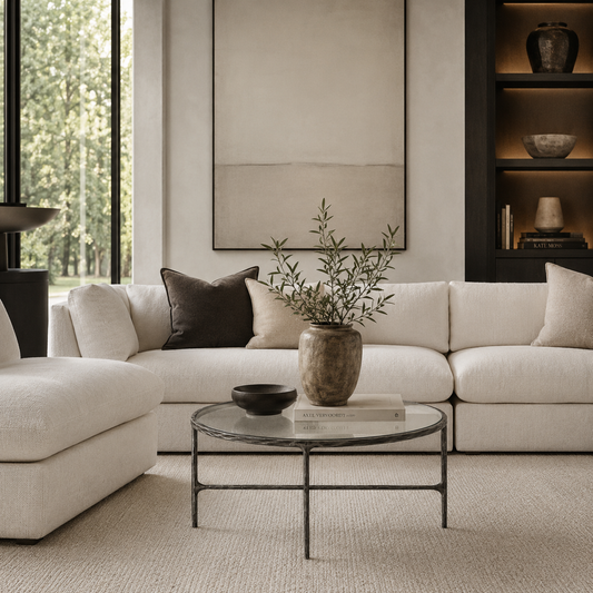 Francesco Coffee Table is across from the sofa with a vase on it and a book