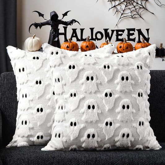 Ghost Plush Pillow Covers (Set of 2) next to other Halloween decor