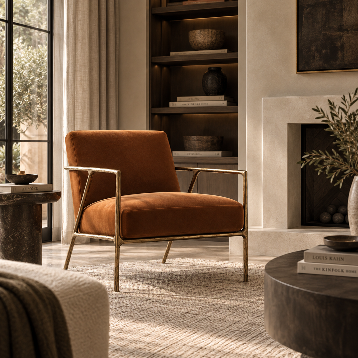 A modern accent chair with a rust-orange velvet seat and back, supported by a slim gold metal frame, positioned in a warm, sunlit living room next to a fireplace.