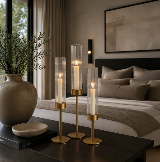 GOLD CANDLE HOLDER 3 PC ON A TABLE IN BEDROOM NEXT TO A BOWL, BOOK, AND VASE