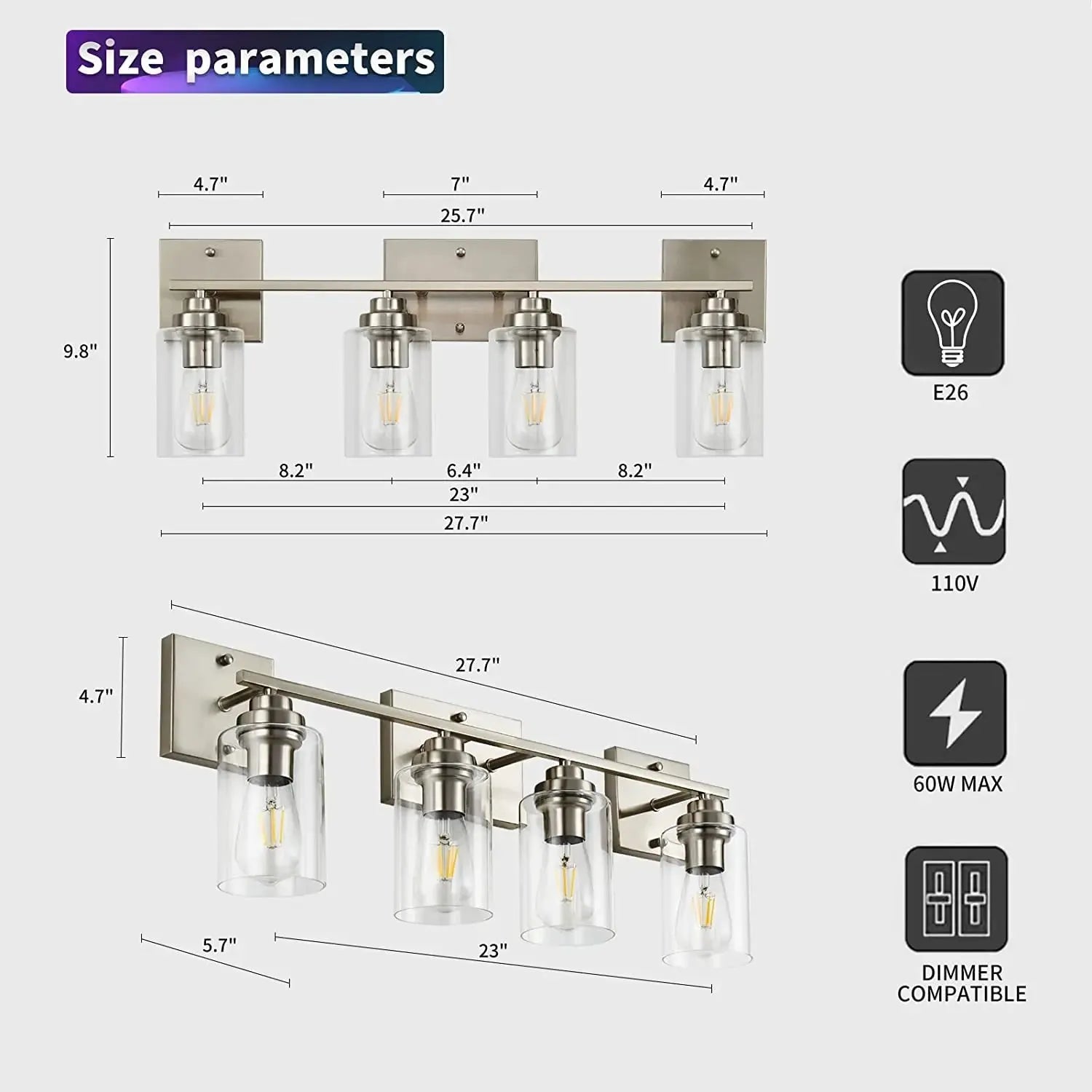 Diagram of a FOUR LIGHTS WALL VANITY LIGHT from House of Effy showing two models with size parameters. Each has three bulbs in clear cylindrical shades and is compatible with E26 bulbs, 110V, 60W max, and dimmable features—perfect for a bathroom illumination morning routine upgrade.