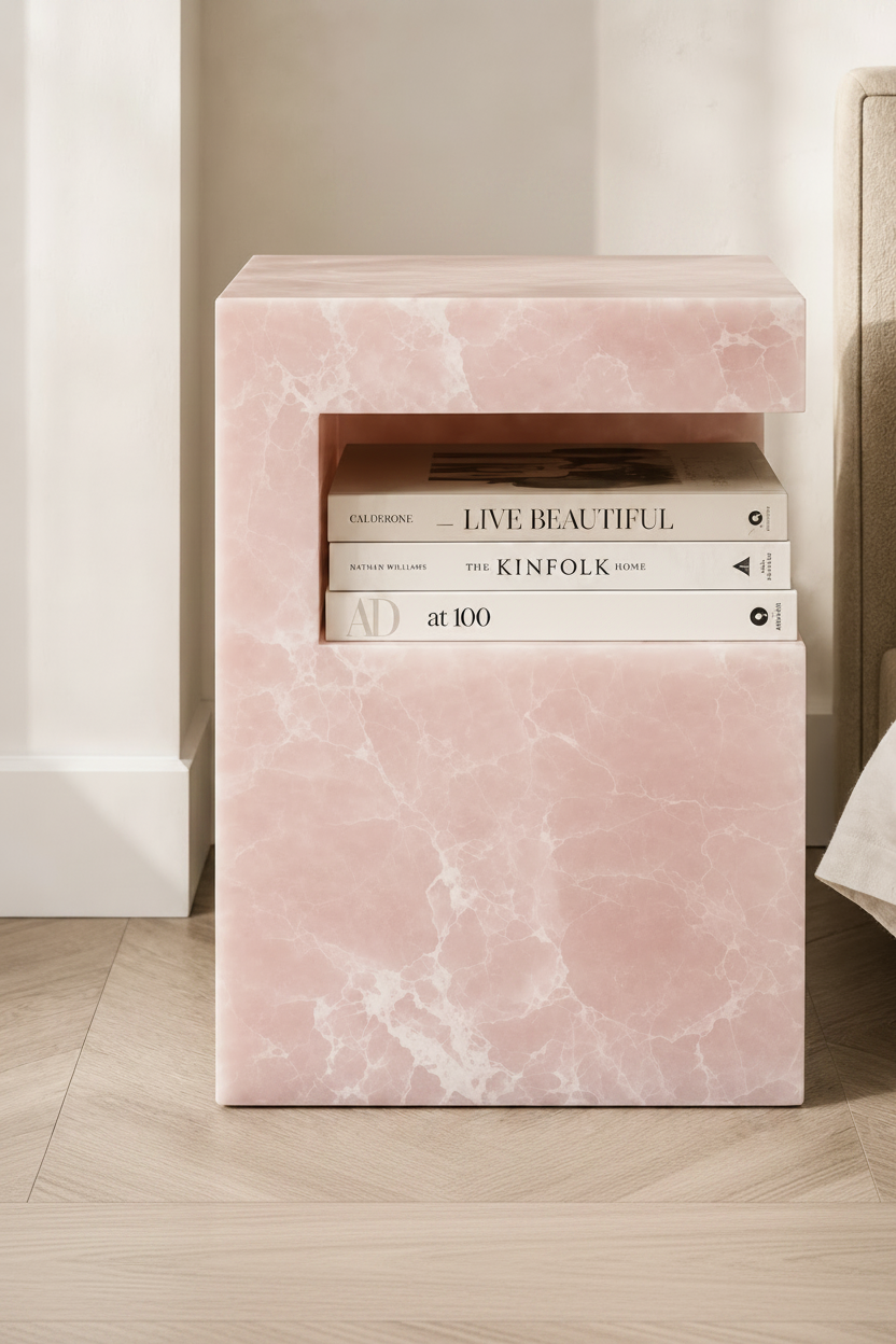 Harper onyx stone table next to bed with books on it in a bedroom