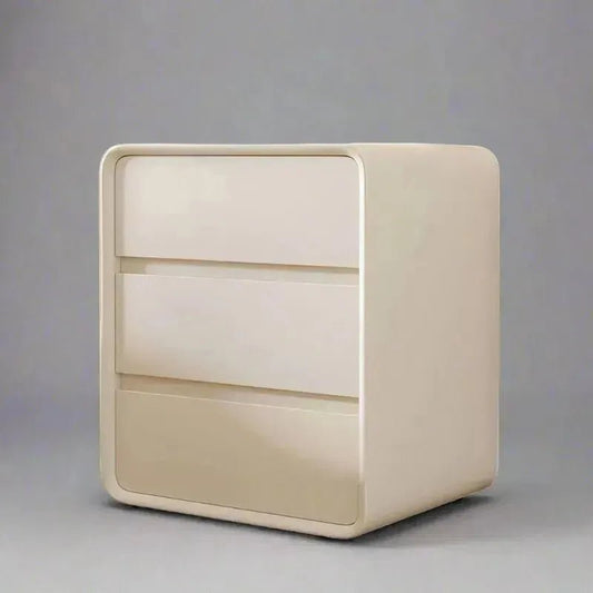 A beige, modern, minimalist two-drawer House of Effy WOODEN BEDROOM NIGHTSTAND against a neutral background makes for perfect bedroom decor.