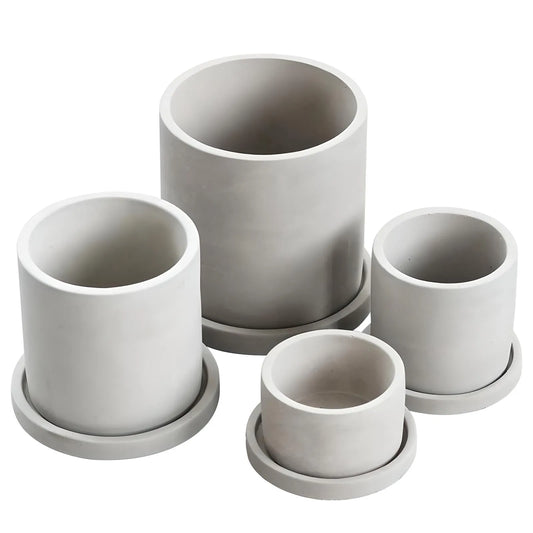 Four cylindrical cement concrete MINIMALIST FLOWER POTS from House of Effy, each with a matching saucer underneath, perfect for enhancing your garden or outdoor space.