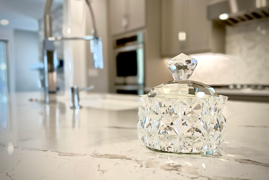 contemporary kitchen with crystal candy dish