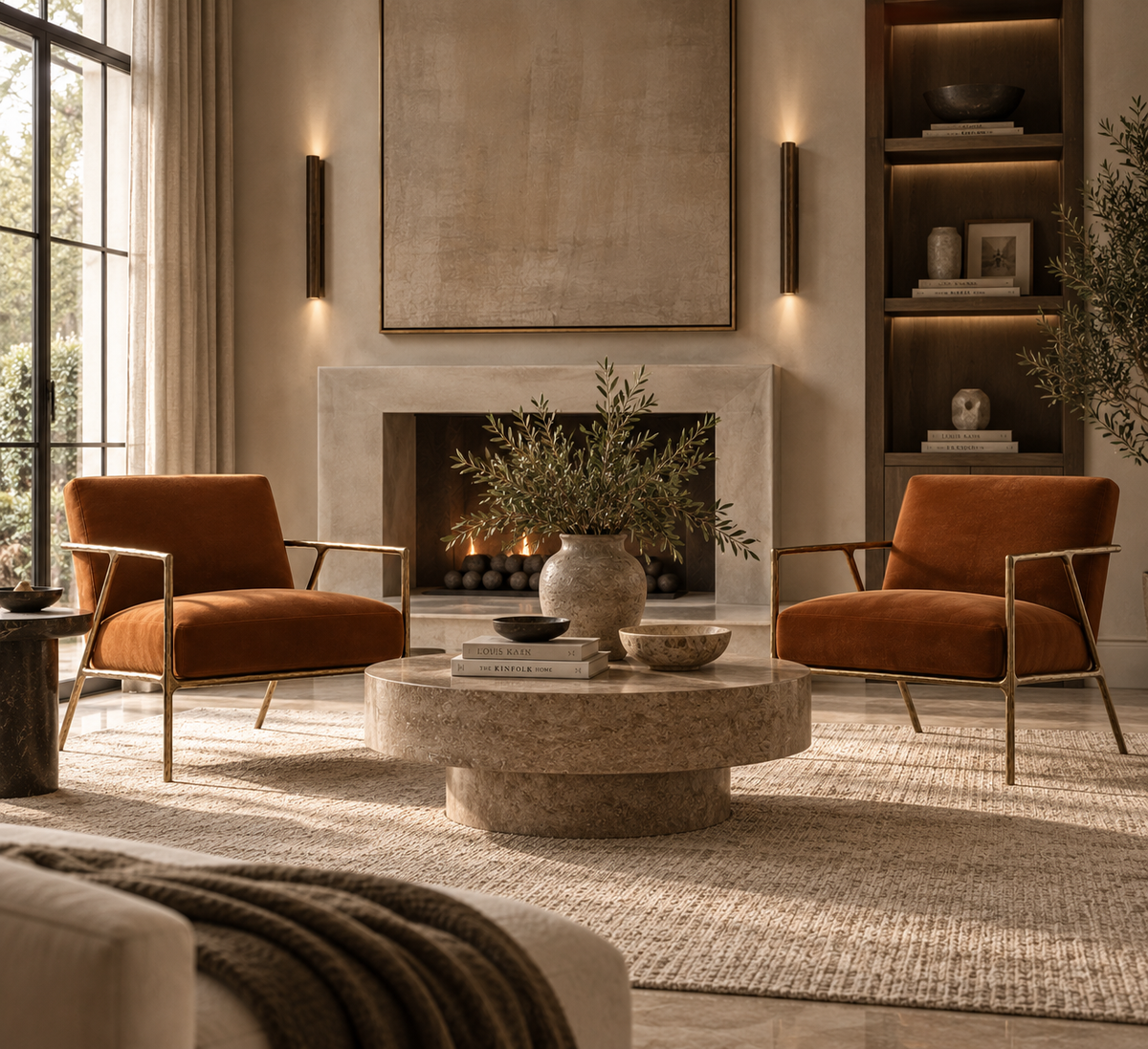 A styled living room featuring two rust-orange velvet armchairs with gold metal frames, arranged around a round stone coffee table in front of a fireplace.