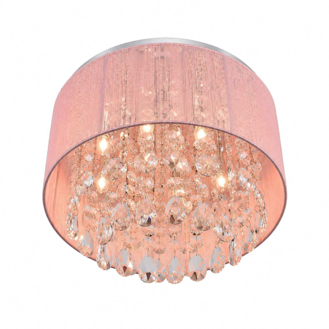 LILLY PINK DRUM CHANDELIER in white space an underneath view