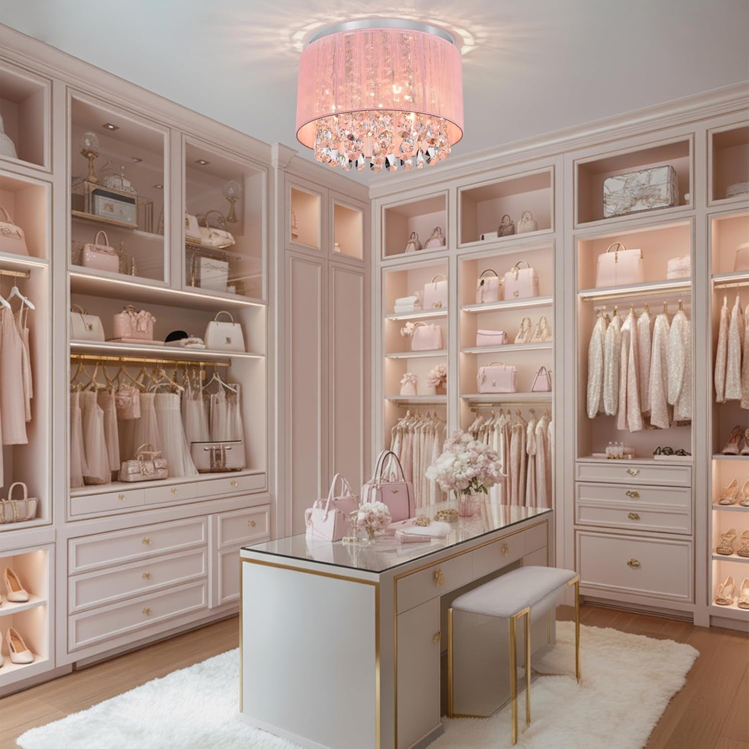 Lilly Pink Drum Chandelier Flush Mount Chandelier Crystal Ceiling Light Fixture in a walk-in closet above a vanity
