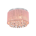 Load image into Gallery viewer, Lilly pink drum chandelier fixture with a textured pink fabric shade, a silver metal canopy, and cascading clear crystal droplets at the bottom, shown against a plain white background.
