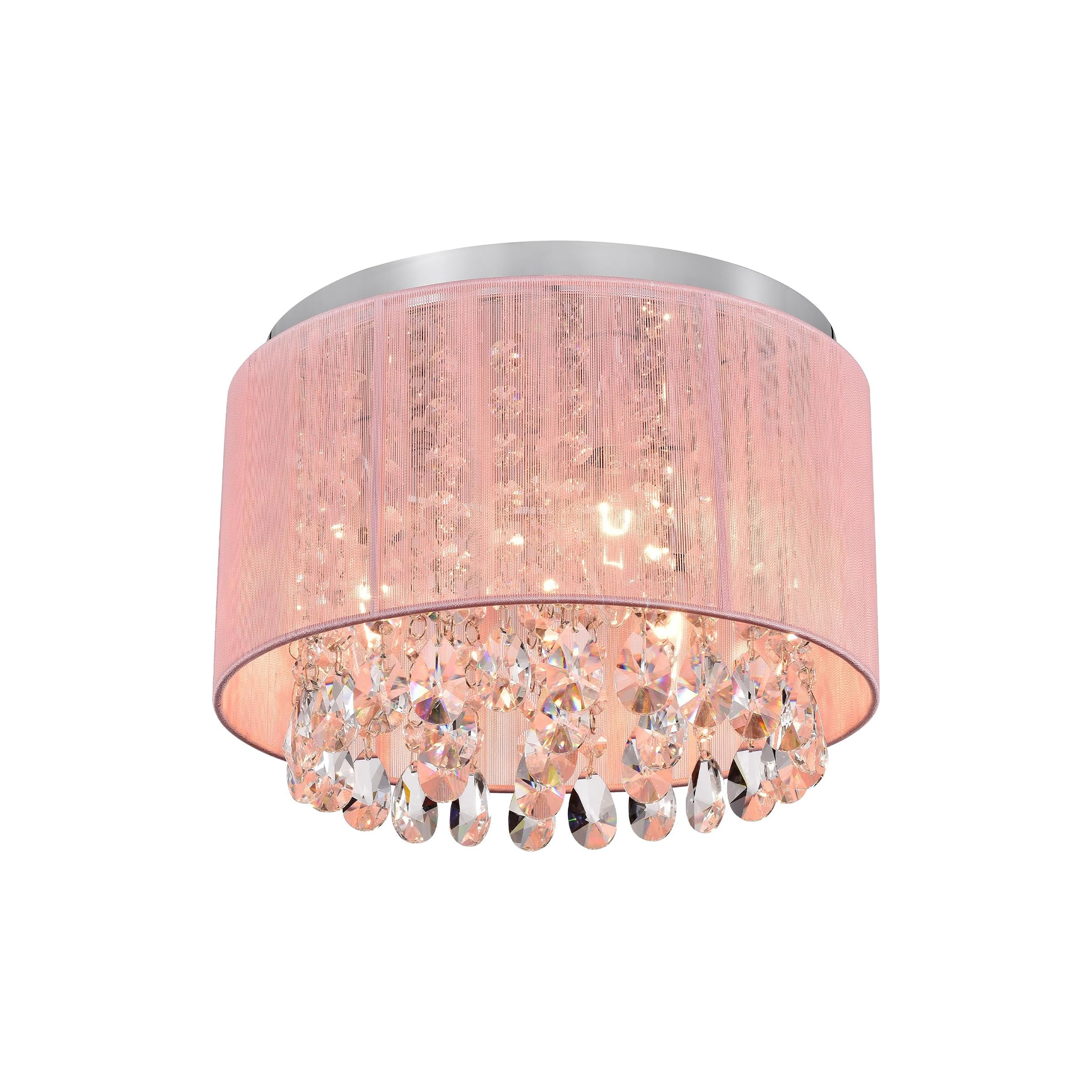 Lilly pink drum chandelier fixture with a textured pink fabric shade, a silver metal canopy, and cascading clear crystal droplets at the bottom, shown against a plain white background.