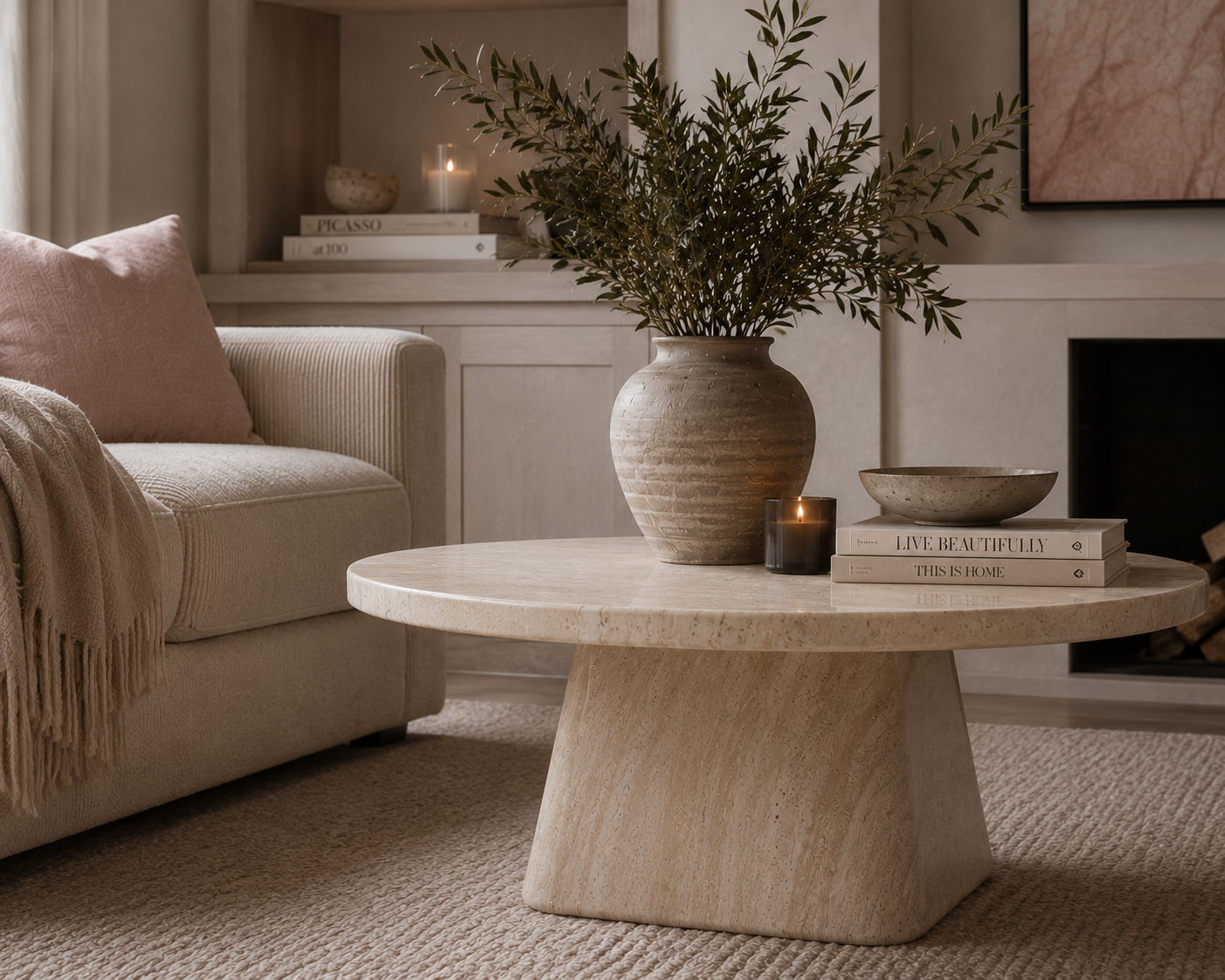 Lucas Coffee Table close up viewwith a vase and candle and books on it