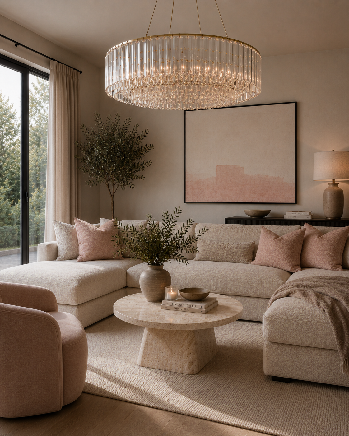 lucas coffee table in living room by a sectional with a chandelier in the same room and a large window along with artwork on the wall