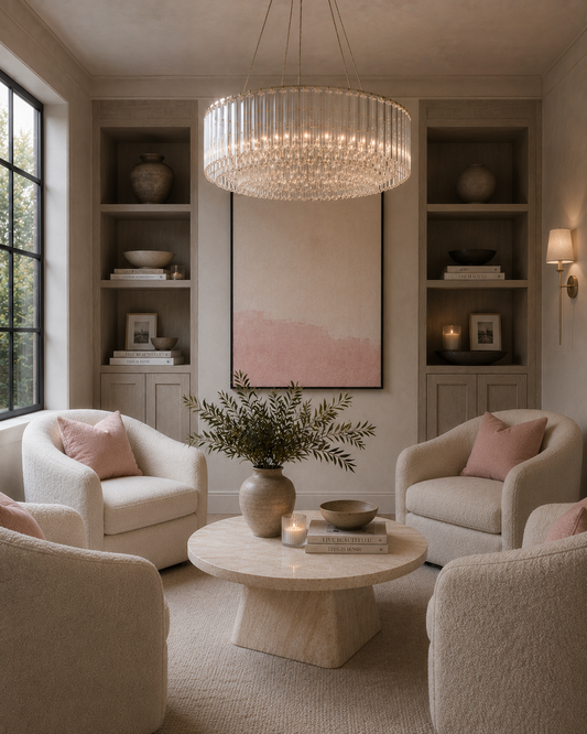 Lucas Coffee Table in sitting room with chandelier and shelving with a window and carpet