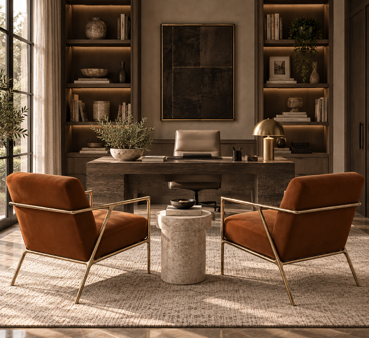 Two rust-orange velvet armchairs with gold metal frames arranged on a textured beige rug in a styled home office setting with a wooden desk, shelves, and a stone side table.