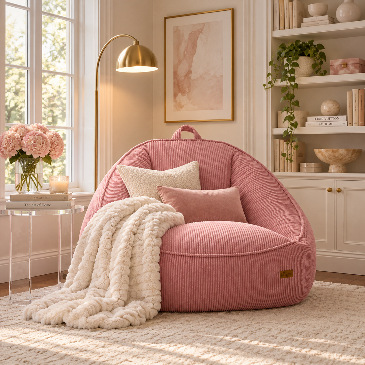 A pink corduroy lounge chair in a bright, styled room with a white chunky knit throw blanket draped over the seat, cream pillows, a gold floor lamp, a window with pink flowers, and a built-in bookshelf in the background.