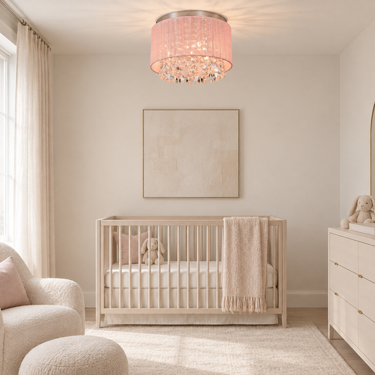 A modern nursery room featuring a light wood crib with a cream knit blanket, a pink crystal drum chandelier, and soft beige walls.