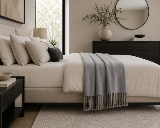 REVERSIBLE MULBERRY SILK THROW in bedroom laying across the bed and the bed is across from a dresser and wall mirror