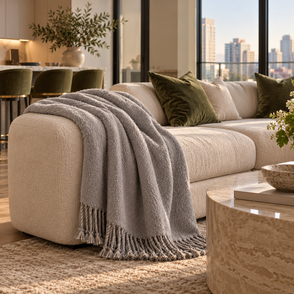 Gray Reversible Mulberry Silk Throw draped over a cream sofa with green velvet pillows in a modern apartment living room.