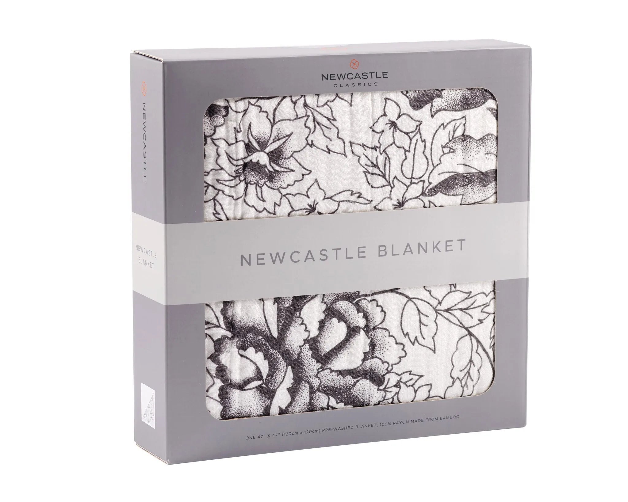 Introducing the luxurious ROSE BLANKET by House of Effy, adorned with elegant black floral patterns and showcased through a transparent window on the front of its sophisticated grey box – perfect for elevating your home décor.